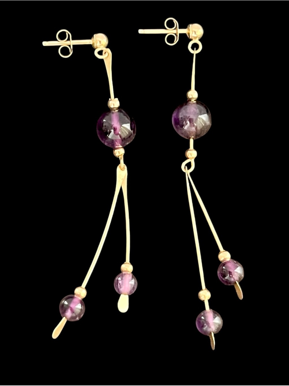 Vintage 14k Yellow Gold Amethyst Linear Stick Drop Dangle Earrings 2.25 inches